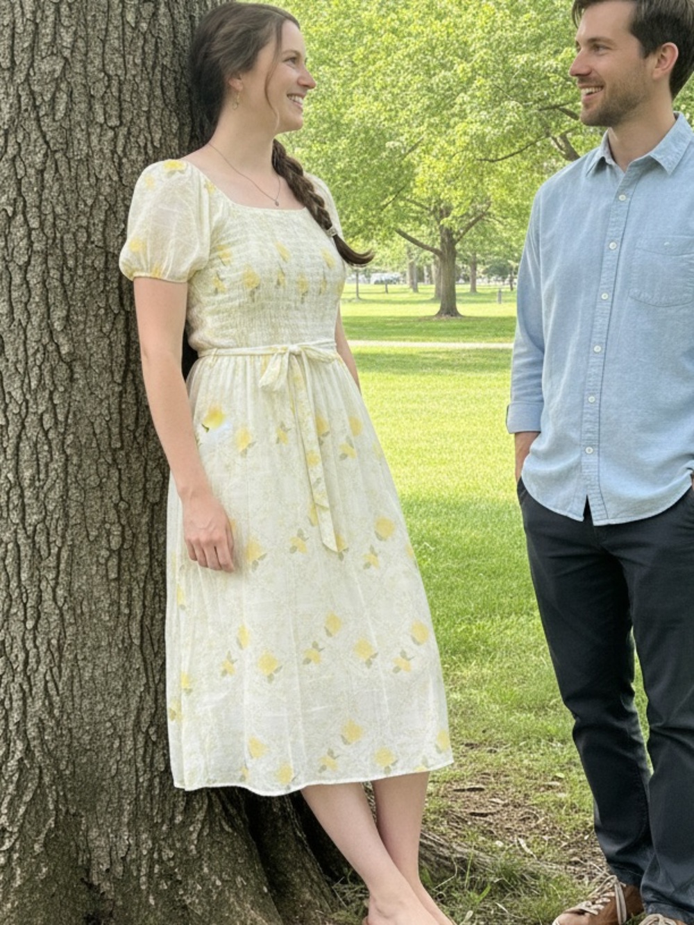 Women’s Cream Midi Dress with Yellow Lemon Print